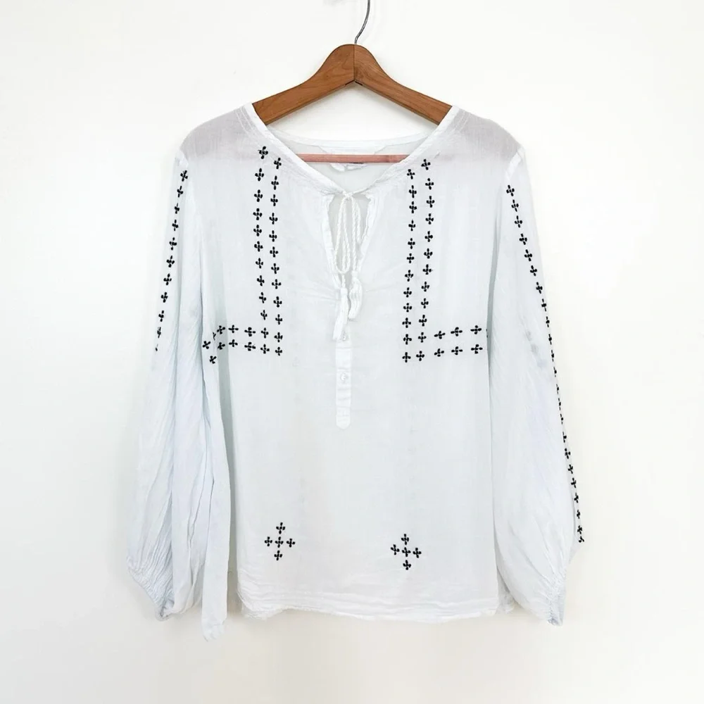 Emerson Fry India Collection Embroidered Cotton Tie Front Peasant Blouse small - Picture 2 of 7
